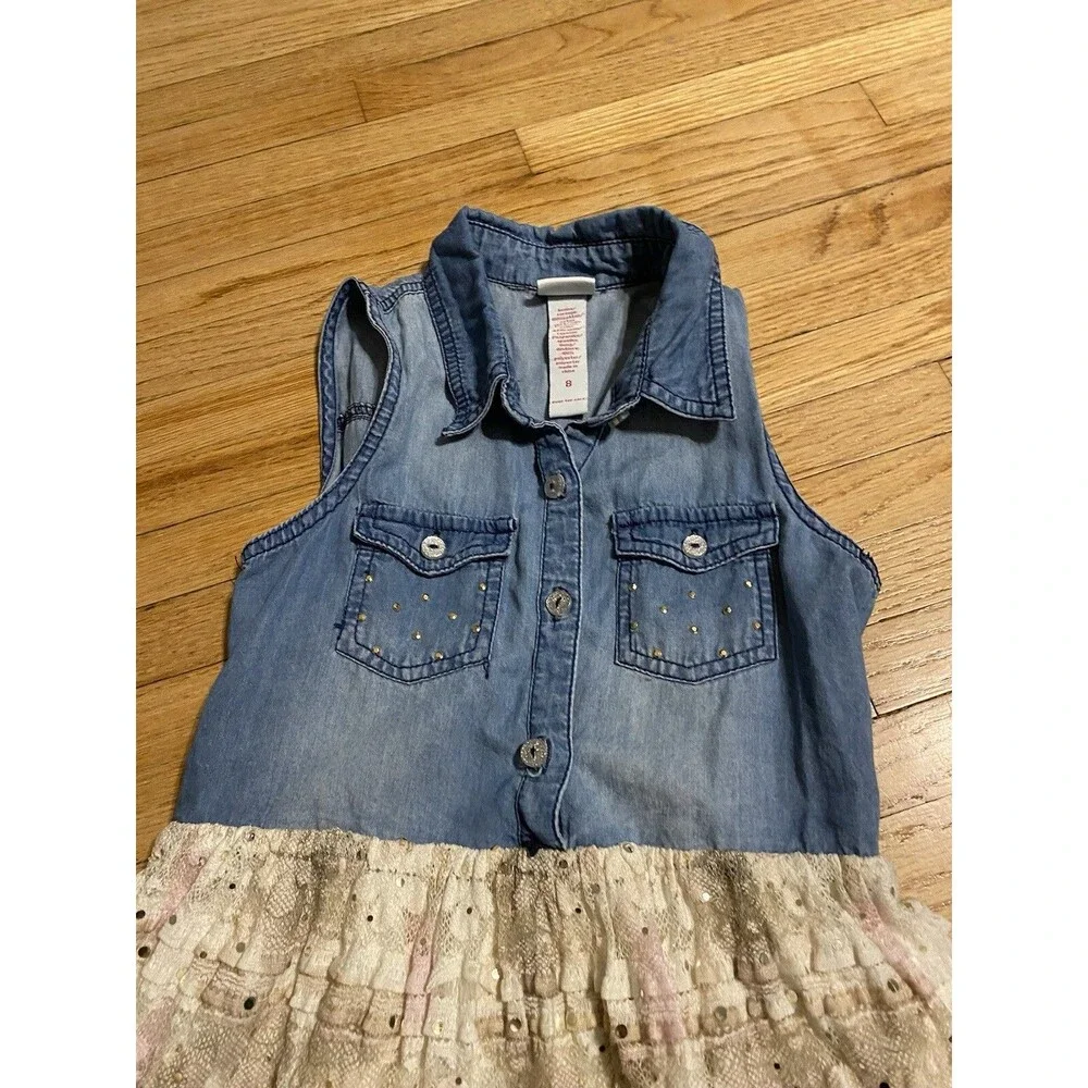 Justice Girl 8 Denim Top Sleeveless Dress Layered Skirt Sequins Pullover Knee